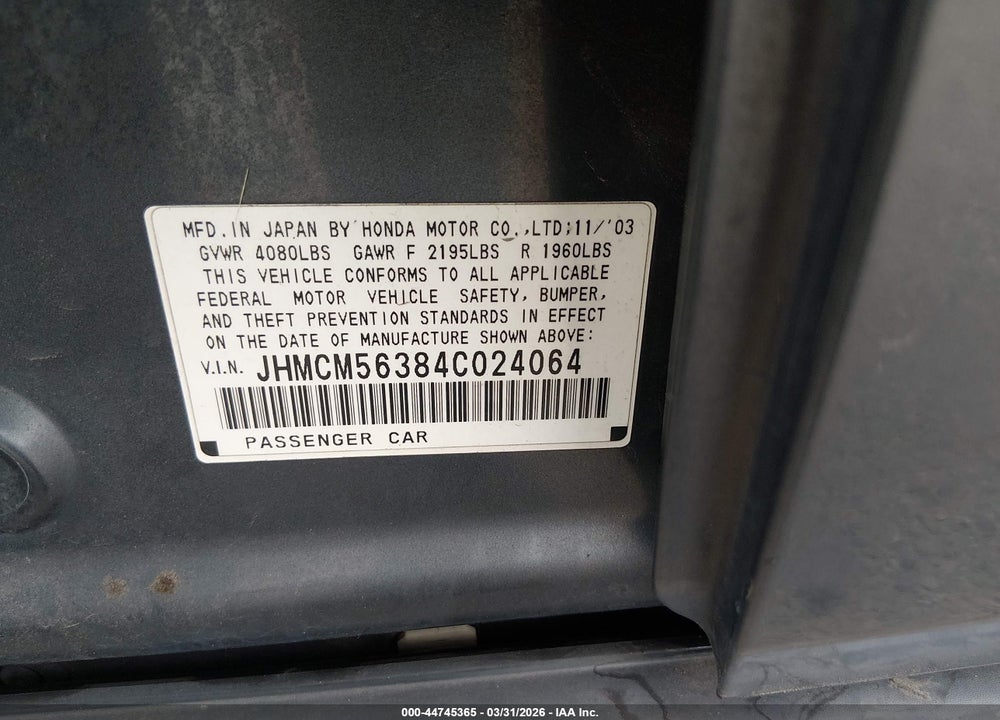 2004 HONDA ACCORD 2.4 LX VIN: JHMCM56384C024064