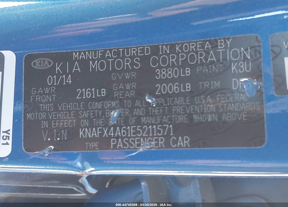 2014 KIA FORTE LX VIN: KNAFX4A61E5211571