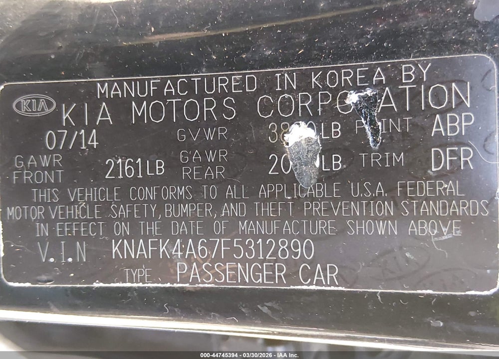2015 KIA FORTE LX VIN: KNAFK4A67F5312890
