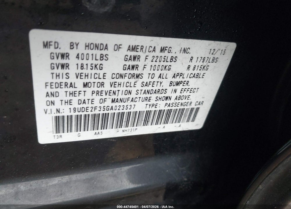 2016 ACURA ILX VIN: 19UDE2F35GA023537
