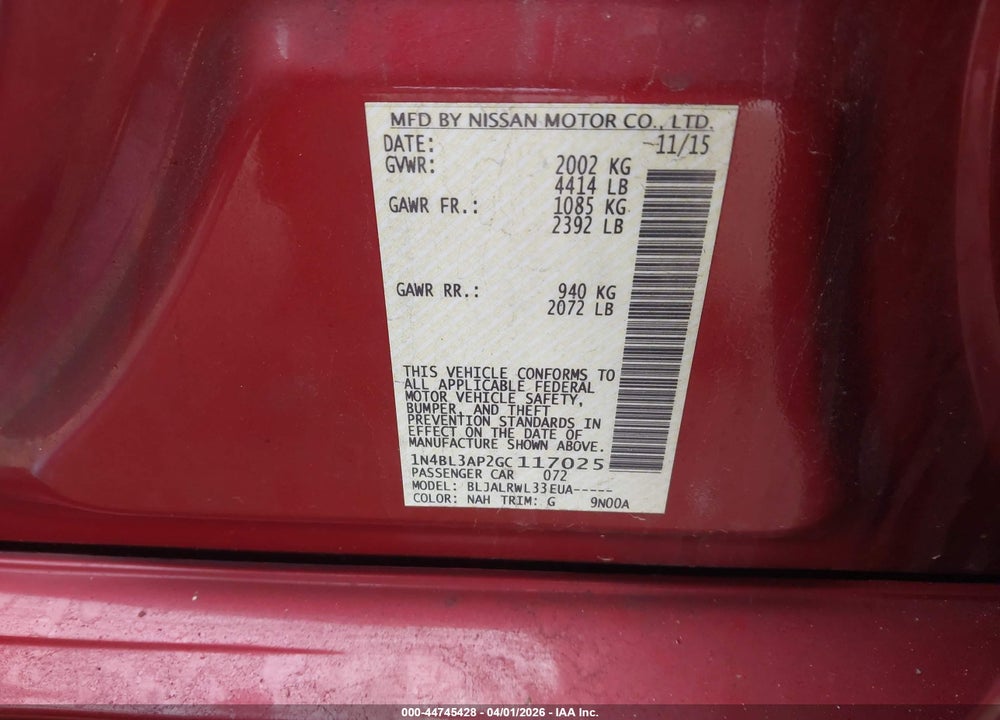 2016 NISSAN ALTIMA 3.5 SL/3.5 SR VIN: 1N4BL3AP2GC117025