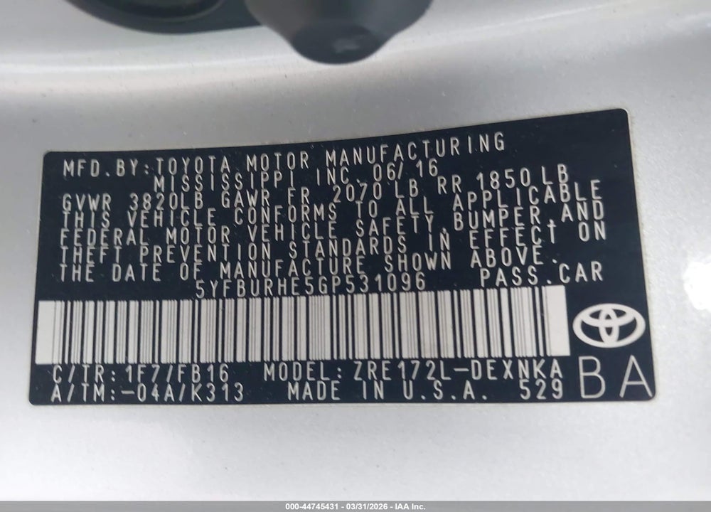 2016 TOYOTA COROLLA LE PLUS VIN: 5YFBURHE5GP531096