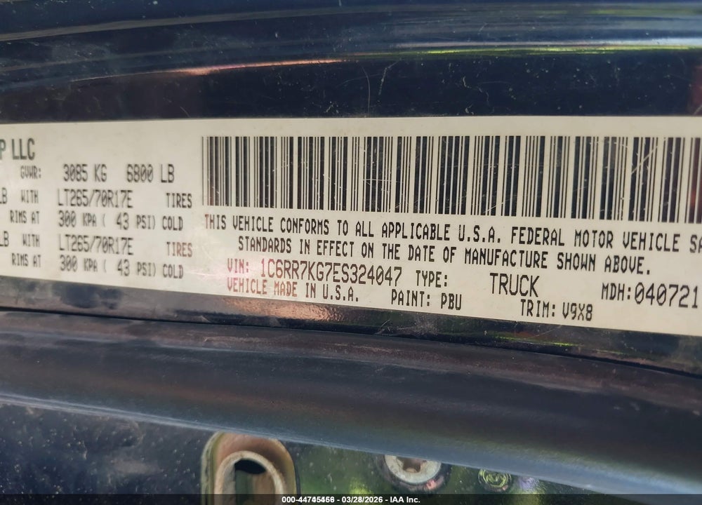 2014 RAM 1500 TRADESMAN VIN: 1C6RR7KG7ES324047