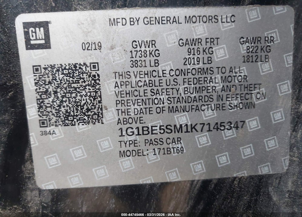 2019 CHEVROLET CRUZE LT VIN: 1G1BE5SM1K7145347