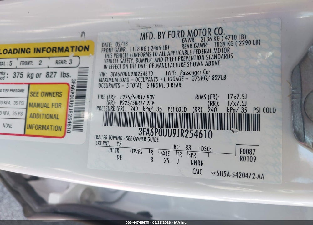 2018 FORD FUSION HYBRID S VIN: 3FA6P0UU9JR254610