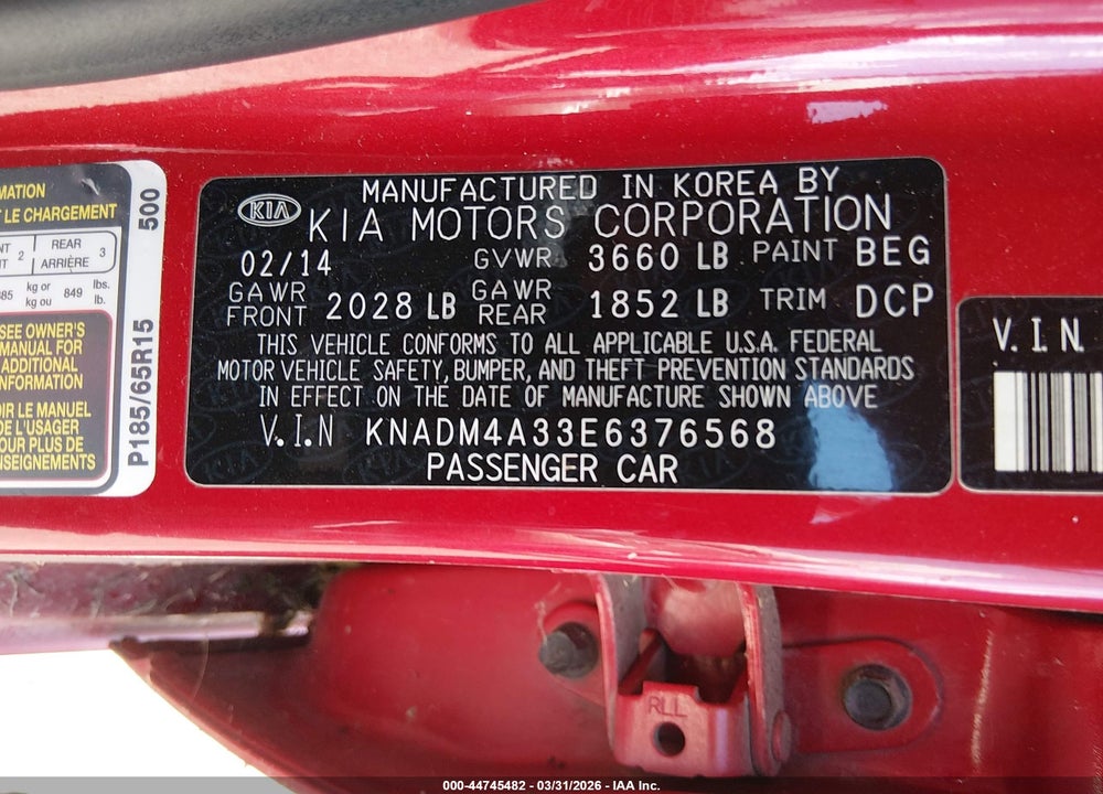 2014 KIA RIO LX VIN: KNADM4A33E6376568