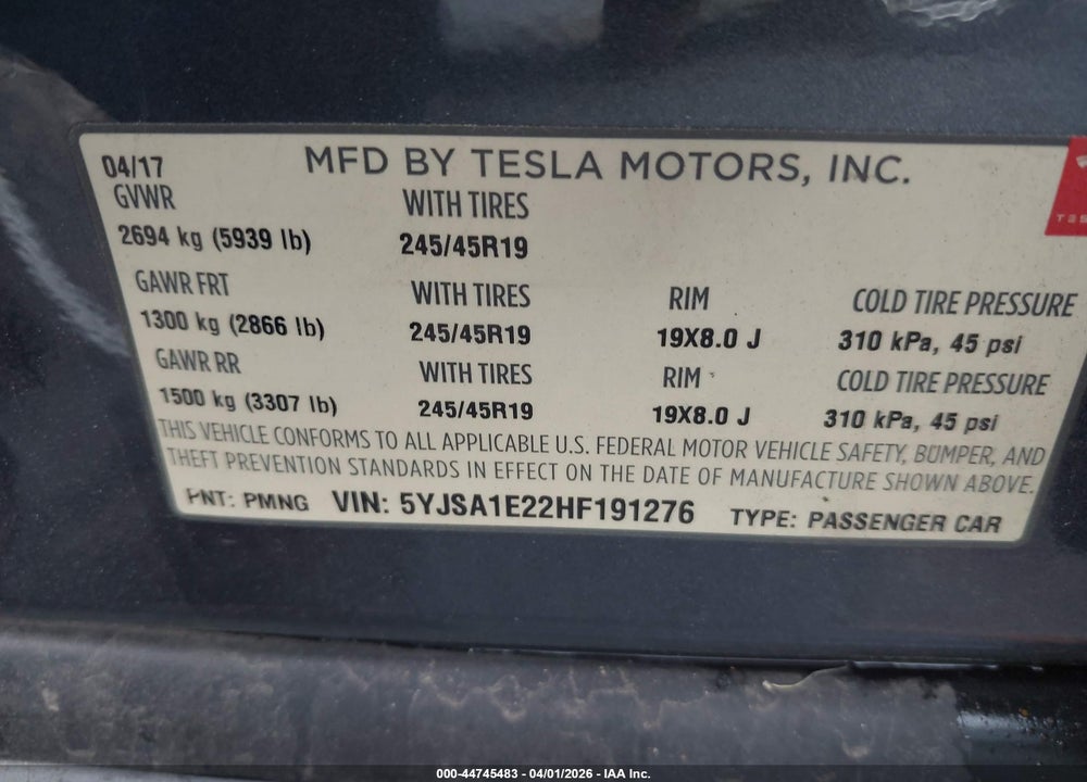2017 TESLA MODEL S 100D/60D/75D/90D/P100D VIN: 5YJSA1E22HF191276
