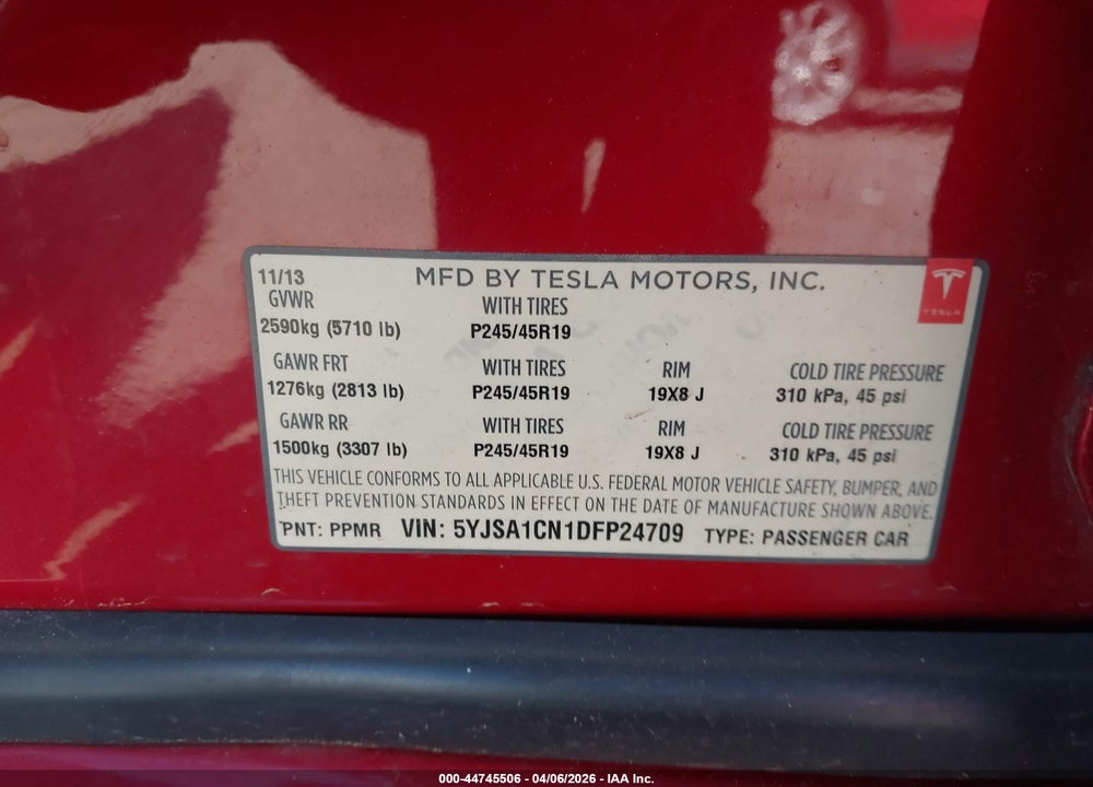 2013 TESLA MODEL S VIN: 5YJSA1CN1DFP24709