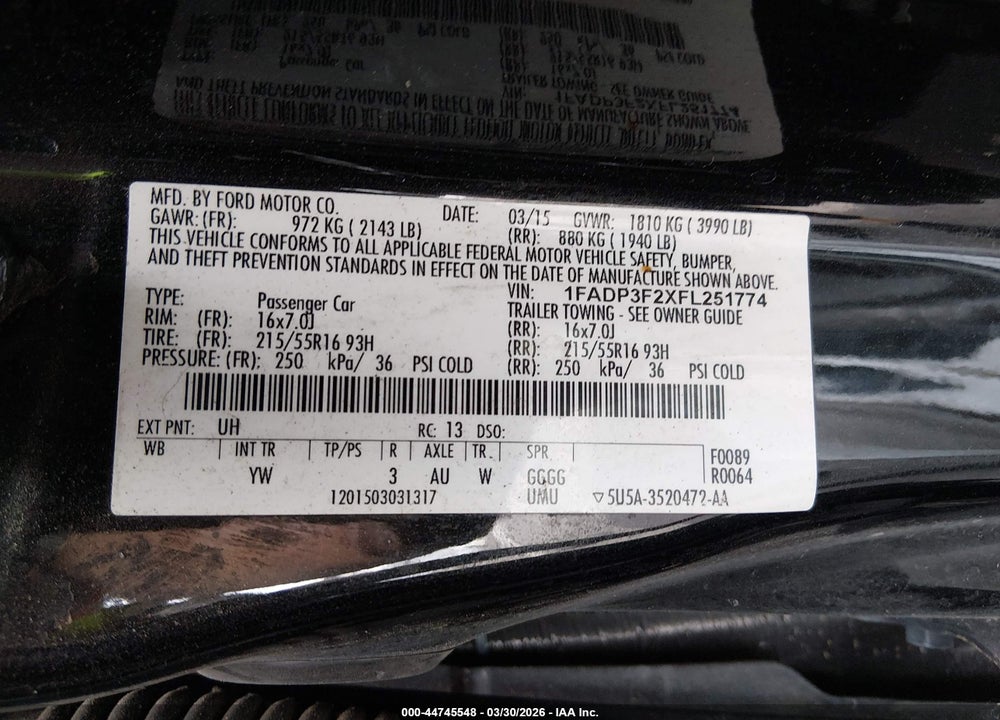 2015 FORD FOCUS SE VIN: 1FADP3F2XFL251774