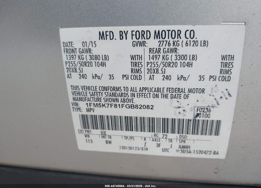 2015 FORD EXPLORER LIMITED VIN: 1FM5K7F81FGB82082