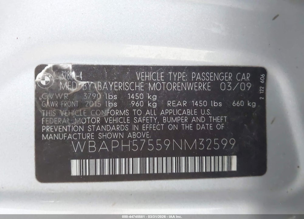 2009 BMW 328I VIN: WBAPH57559NM32599