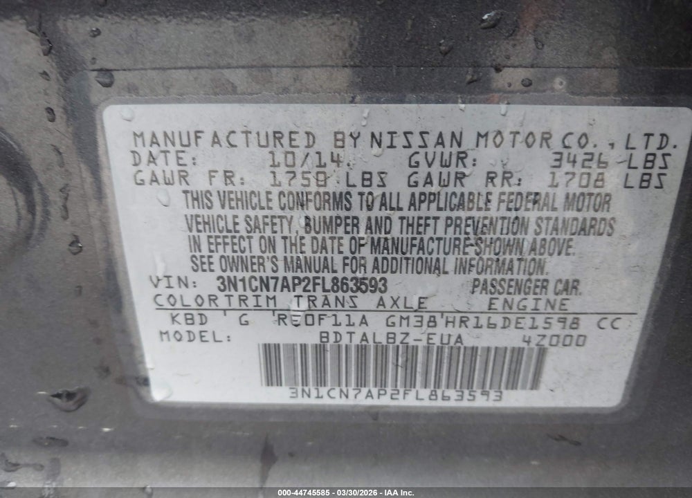 2015 NISSAN VERSA 1.6 SV VIN: 3N1CN7AP2FL863593