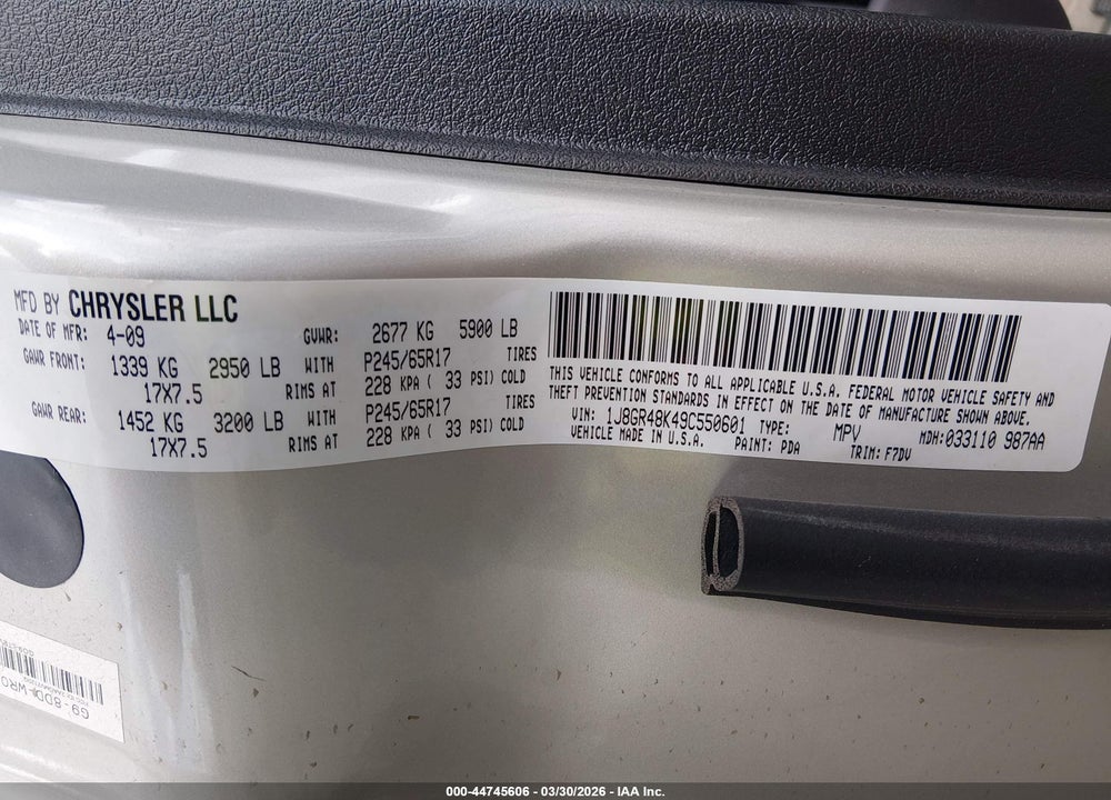 2009 JEEP GRAND CHEROKEE LAREDO VIN: 1J8GR48K49C550601