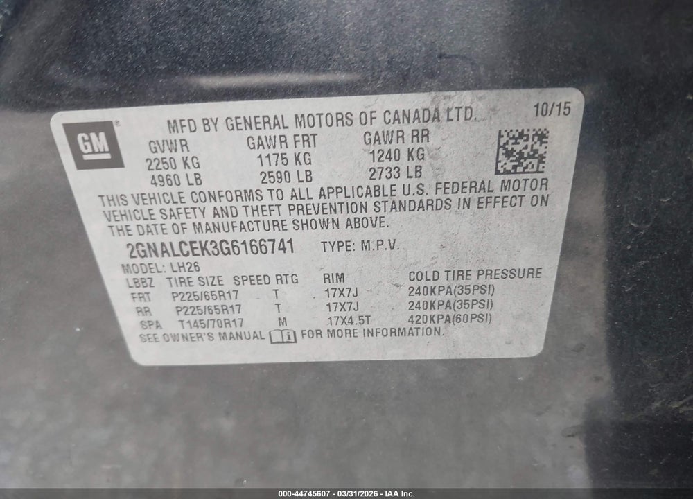 2016 CHEVROLET EQUINOX LT VIN: 2GNALCEK3G6166741