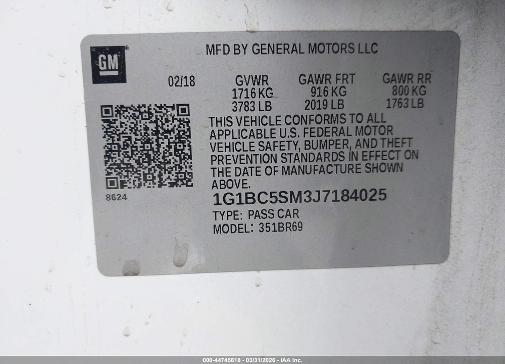 2018 CHEVROLET CRUZE LS AUTO VIN: 1G1BC5SM3J7184025