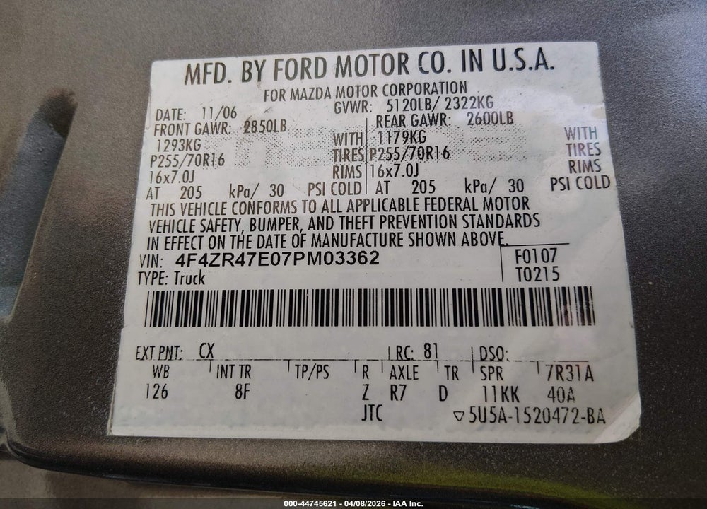 2007 MAZDA B4000 SE VIN: 4F4ZR47E07PM03362