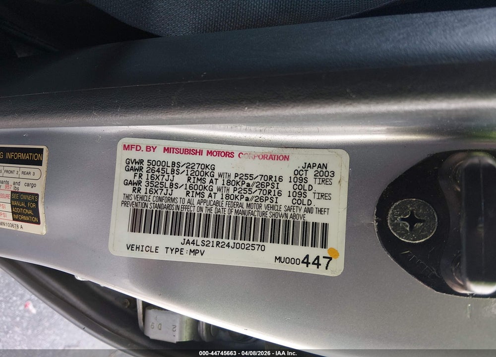 2004 MITSUBISHI MONTERO SPORT LS VIN: JA4LS21R24J002570
