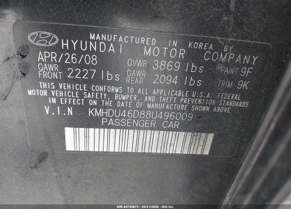 2008 HYUNDAI ELANTRA GLS/SE VIN: KMHDU46D88U496009