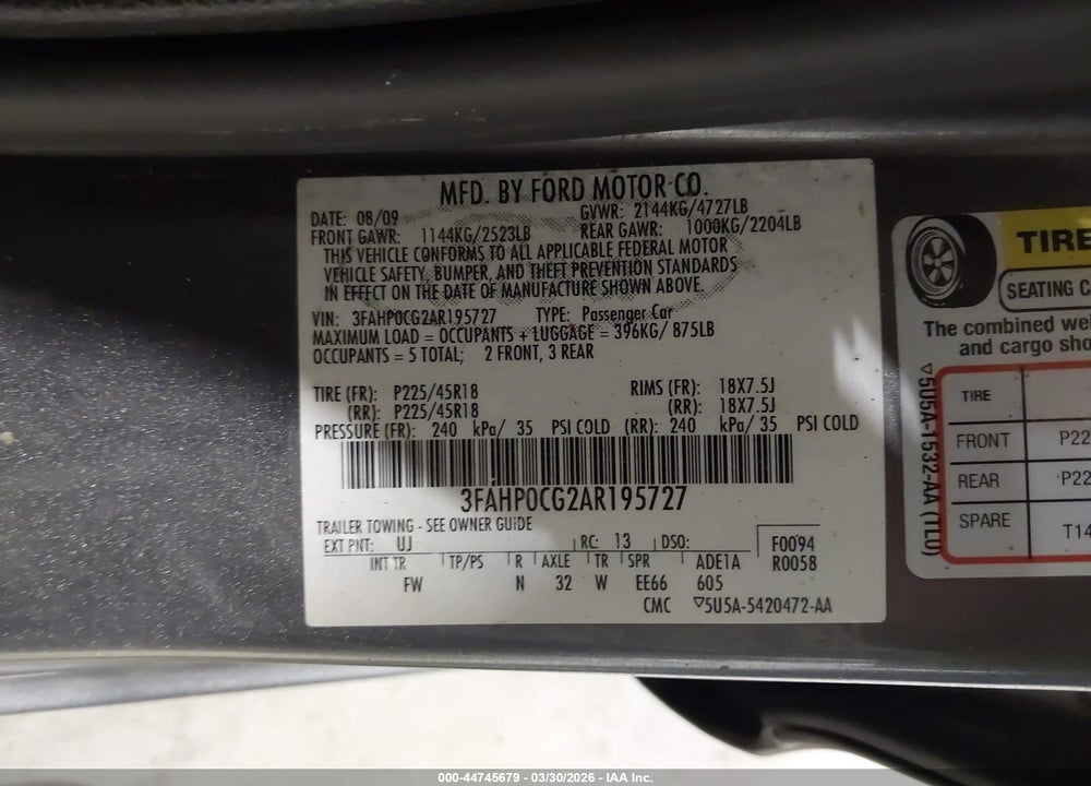 2010 FORD FUSION SEL VIN: 3FAHP0CG2AR195727