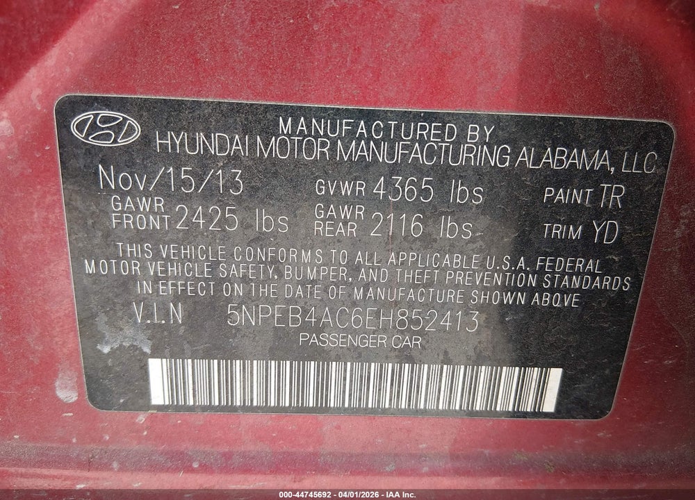 2014 HYUNDAI SONATA GLS VIN: 5NPEB4AC6EH852413