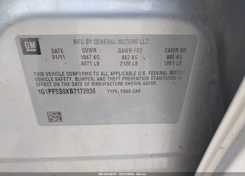 2011 CHEVROLET CRUZE 1LT VIN: 1G1PF5S9XB7172836
