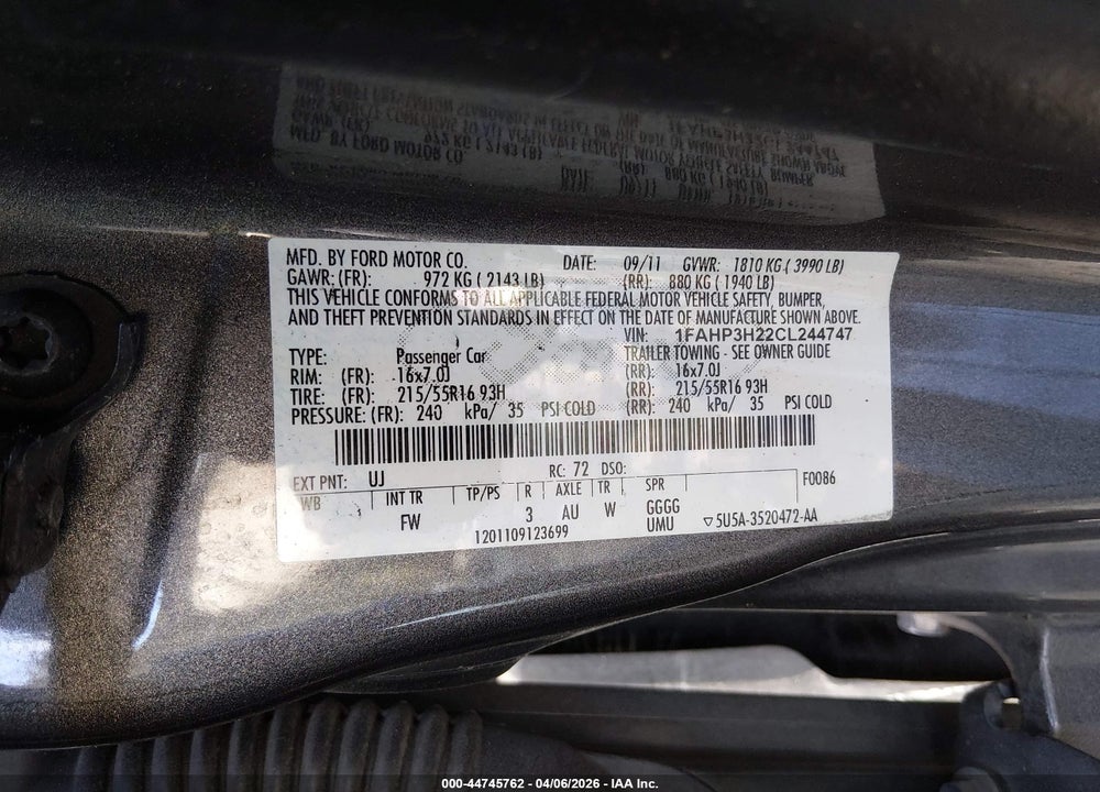 2012 FORD FOCUS SEL VIN: 1FAHP3H22CL244747