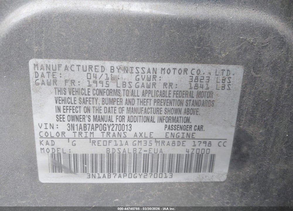 2016 NISSAN SENTRA S VIN: 3N1AB7AP0GY270013