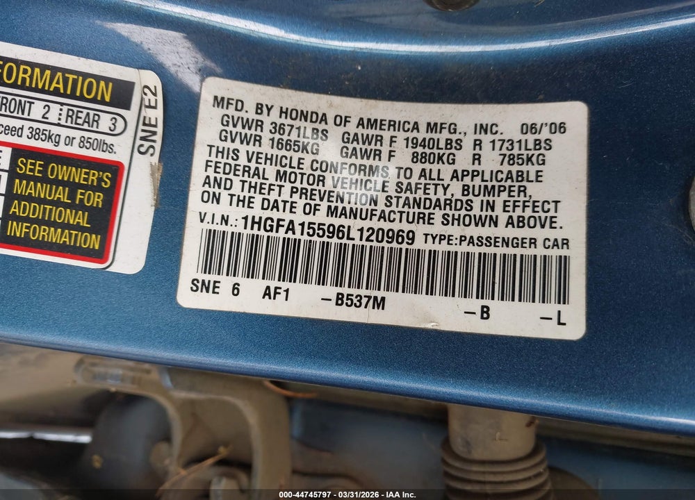 2006 HONDA CIVIC LX VIN: 1HGFA15596L120969