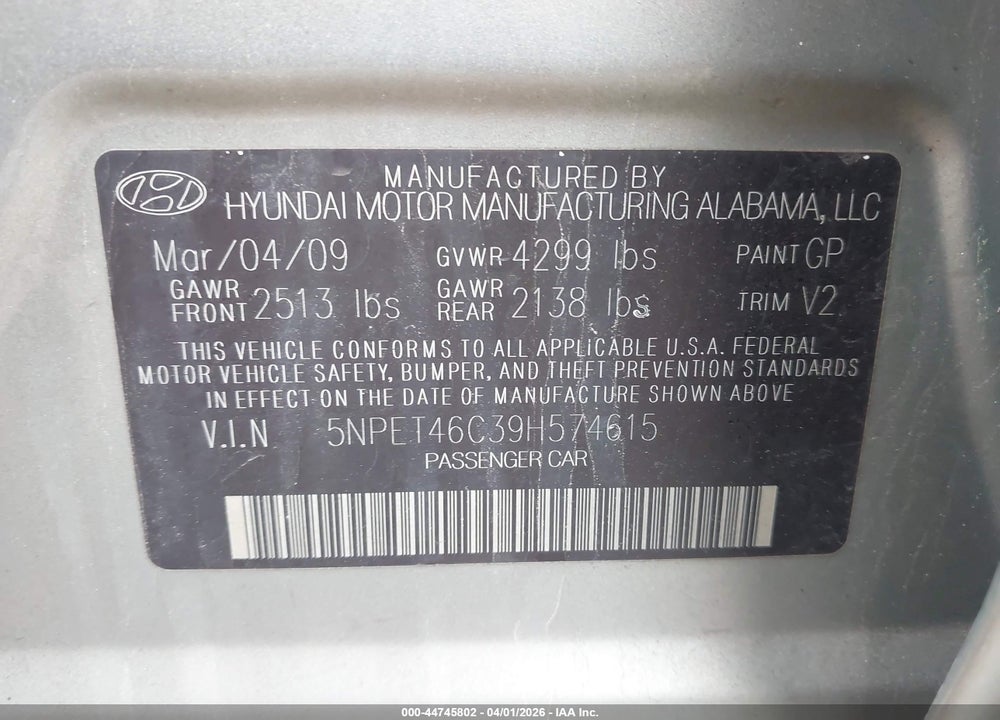 2009 HYUNDAI SONATA GLS VIN: 5NPET46C39H574615