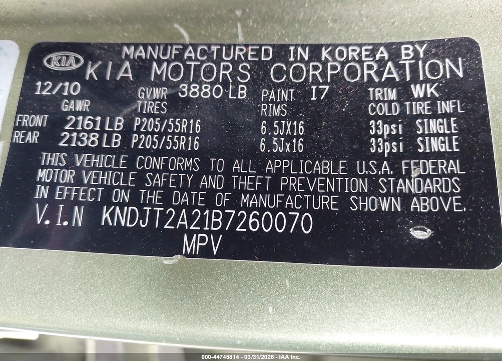 2011 KIA SOUL + VIN: KNDJT2A21B7260070