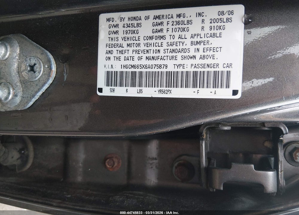 2006 HONDA ACCORD 3.0 EX VIN: 1HGCM665X6A075879