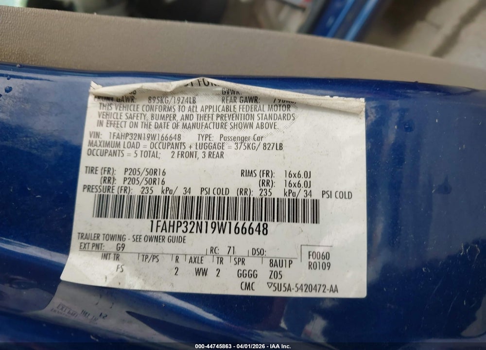 2009 FORD FOCUS SE VIN: 1FAHP32N19W166648