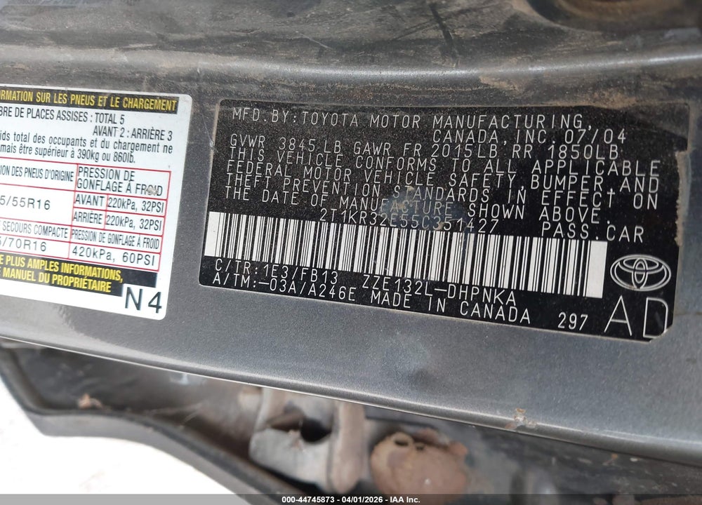 2005 TOYOTA MATRIX XR VIN: 2T1KR32E55C351427