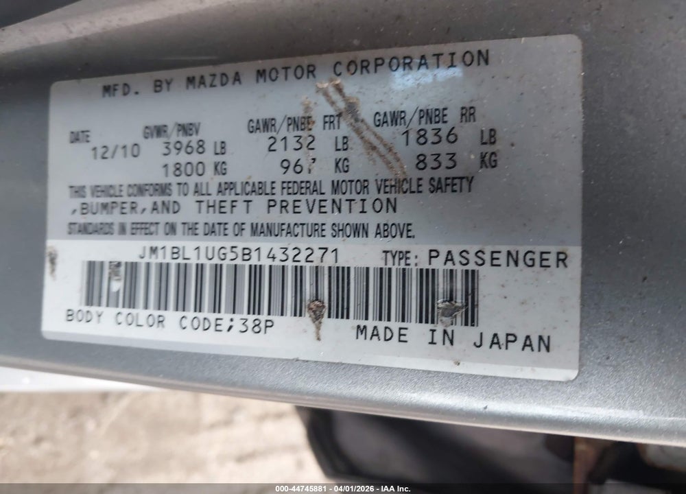 2011 MAZDA 3 I SPORT VIN: JM1BL1UG5B1432271