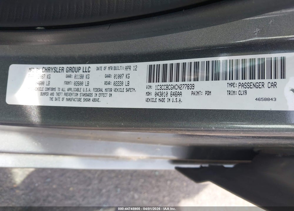 2012 CHRYSLER 200 LIMITED VIN: 1C3CCBCGXCN277839