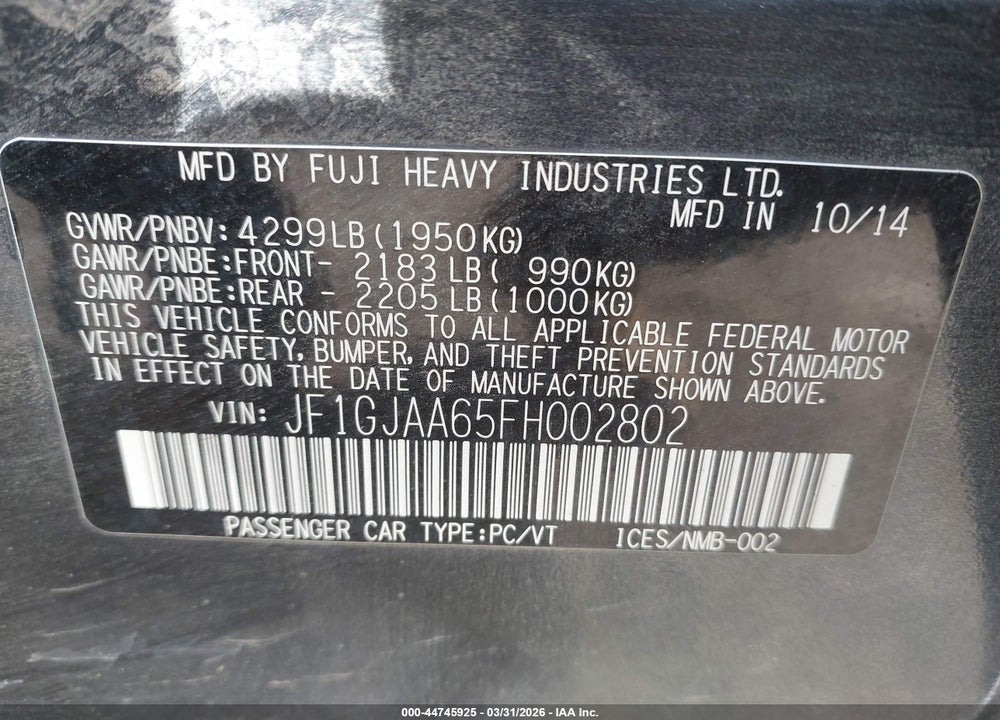 2015 SUBARU IMPREZA 2.0I VIN: JF1GJAA65FH002802