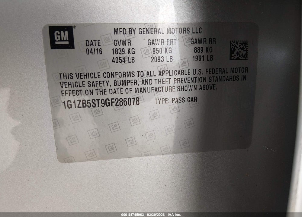 2016 CHEVROLET MALIBU LS VIN: 1G1ZB5ST9GF286078