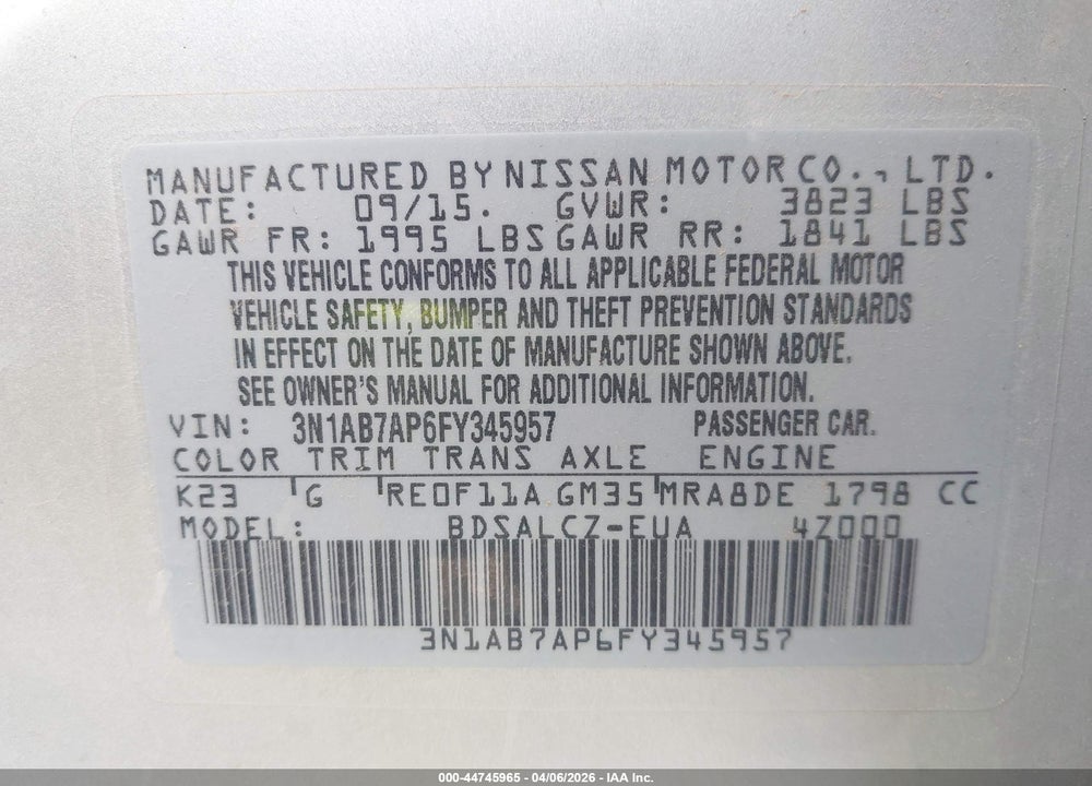 2015 NISSAN SENTRA S VIN: 3N1AB7AP6FY345957