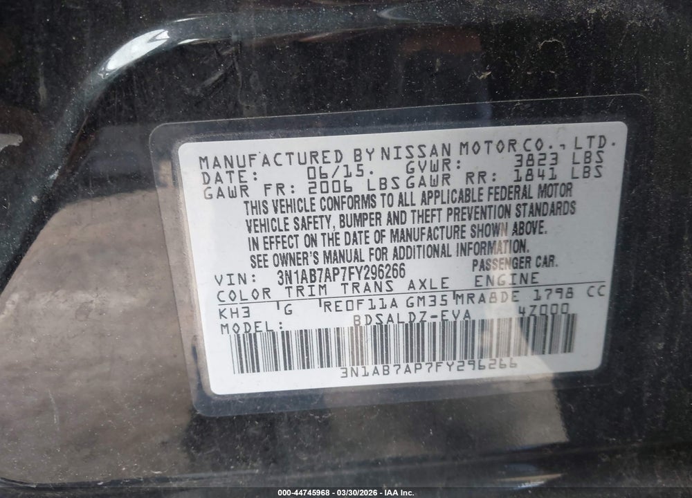 2015 NISSAN SENTRA SV VIN: 3N1AB7AP7FY296266