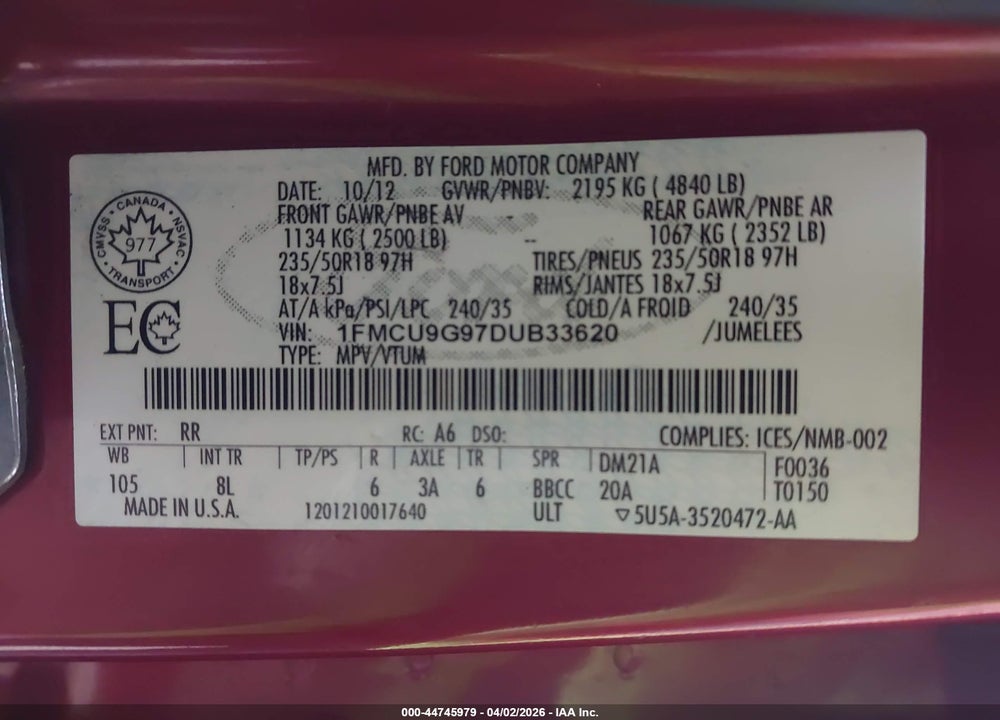 2013 FORD ESCAPE SE VIN: 1FMCU9G97DUB33620