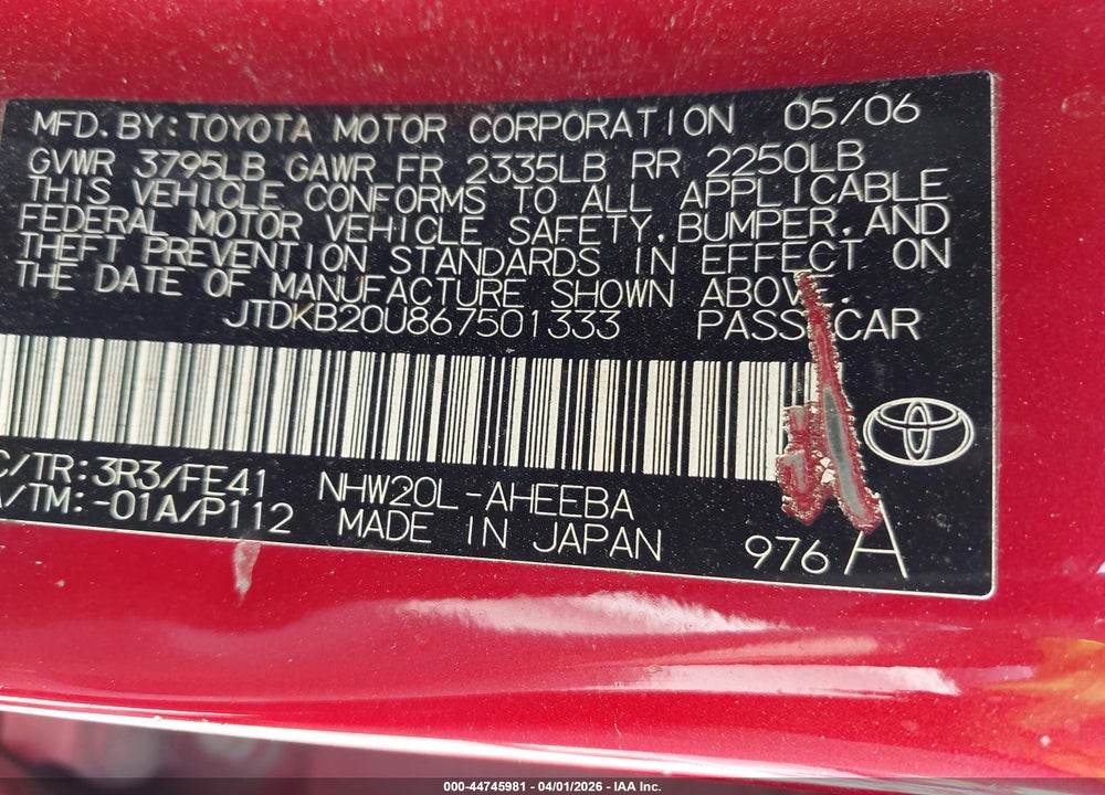 2006 TOYOTA PRIUS VIN: JTDKB20U867501333
