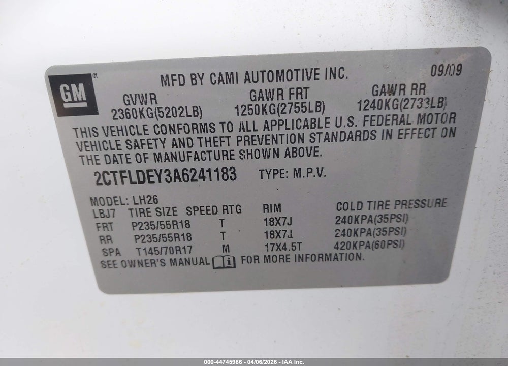 2010 GMC TERRAIN SLE-2 VIN: 2CTFLDEY3A6241183