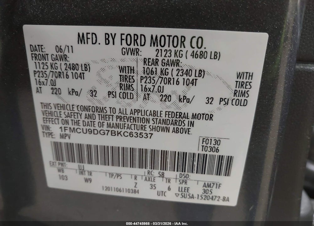 2011 FORD ESCAPE XLT VIN: 1FMCU9DG7BKC63537