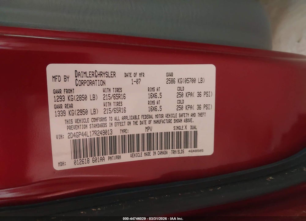 2007 DODGE GRAND CARAVAN SXT VIN: 2D4GP44L17R249013