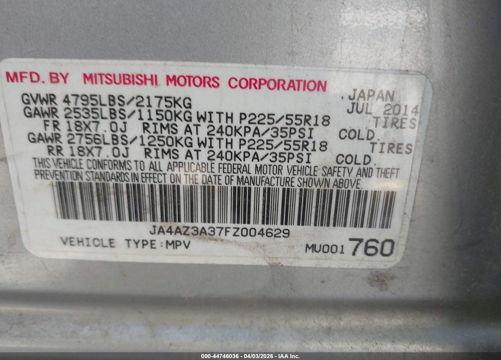 2015 MITSUBISHI OUTLANDER SE VIN: JA4AZ3A37FZ004629