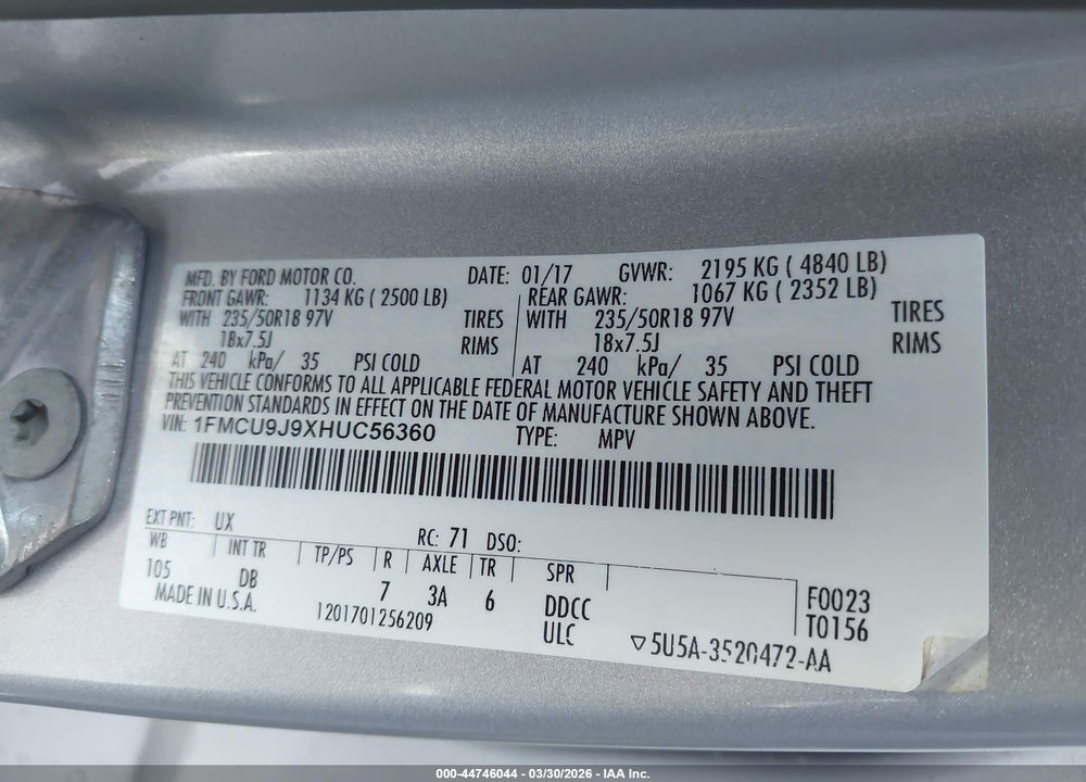 2017 FORD ESCAPE TITANIUM VIN: 1FMCU9J9XHUC56360