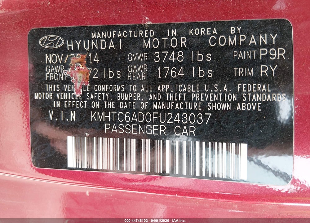 2015 HYUNDAI VELOSTER VIN: KMHTC6AD0FU243037