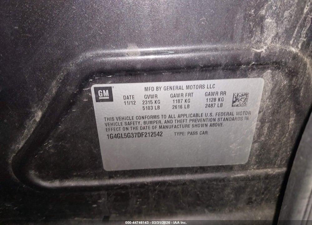 2013 BUICK LACROSSE LEATHER GROUP VIN: 1G4GL5G37DF212542