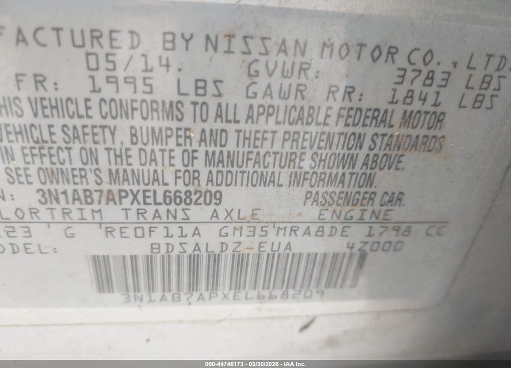 2014 NISSAN SENTRA SV VIN: 3N1AB7APXEL668209