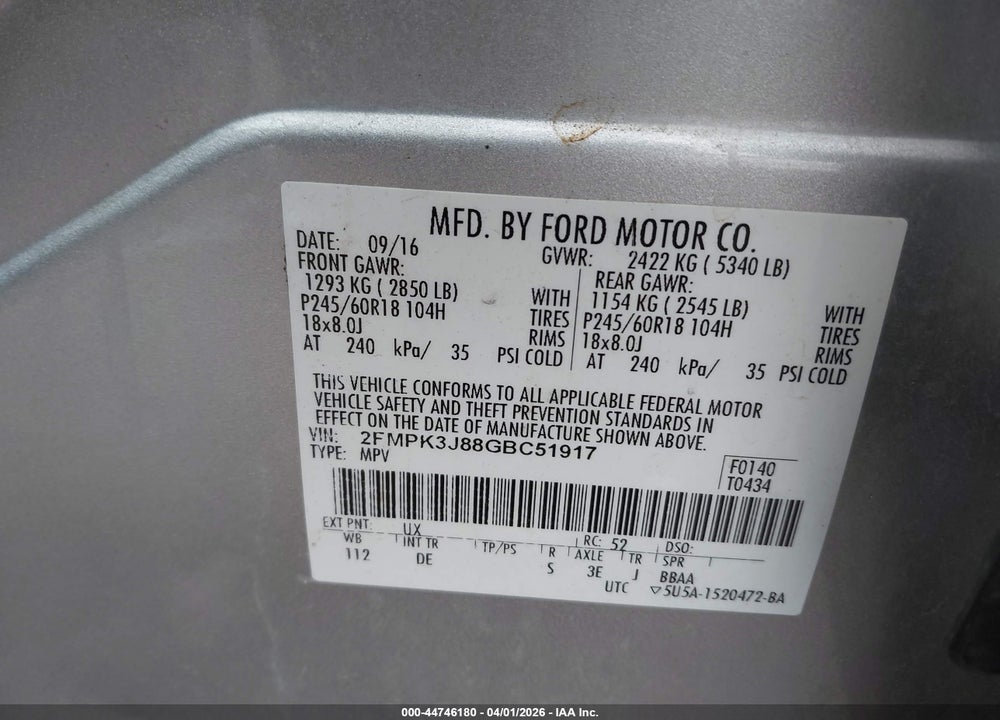 2016 FORD EDGE SEL VIN: 2FMPK3J88GBC51917